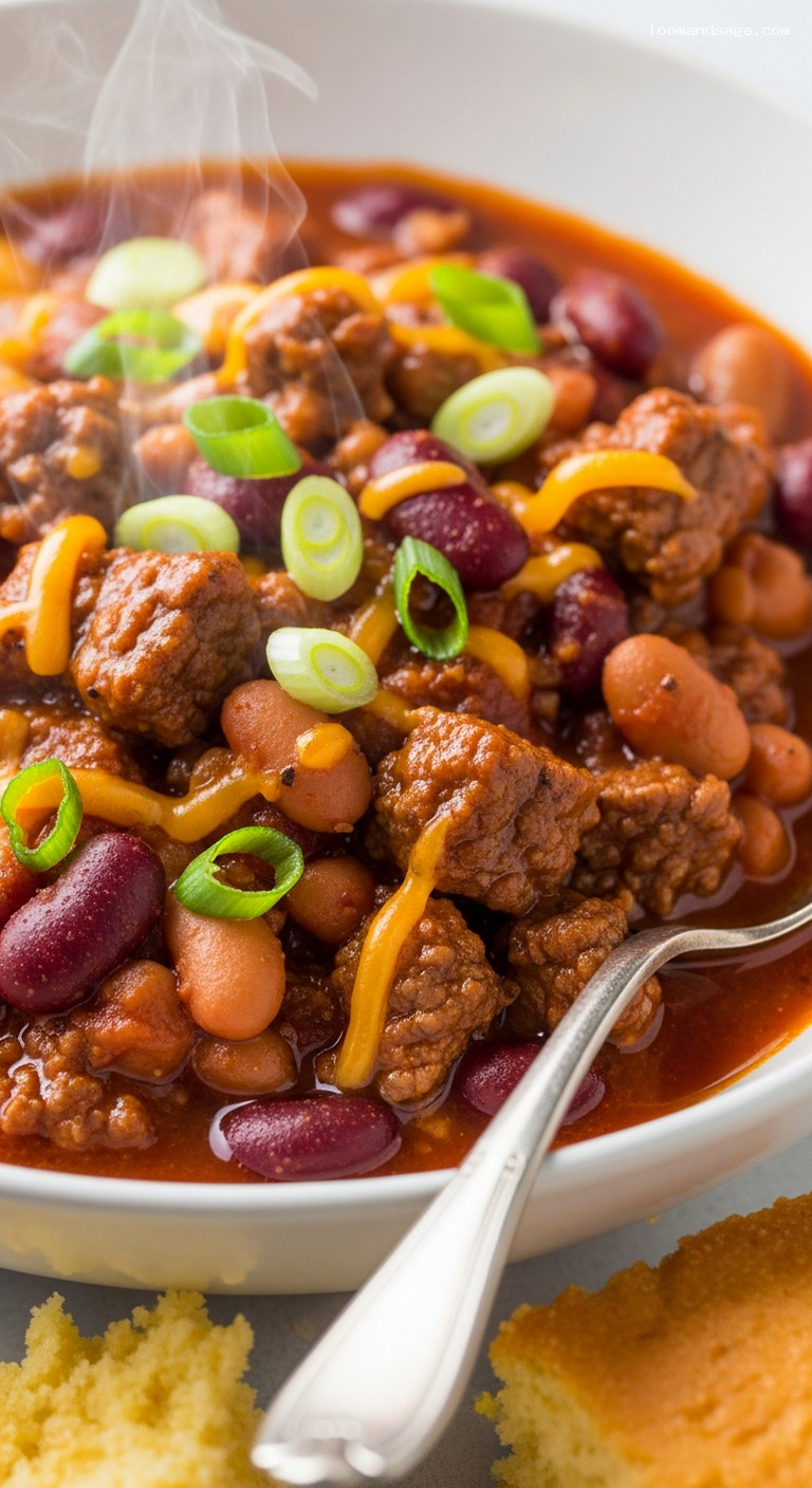 Homestyle Beef and Bean Chili with Cornbread – Closeup