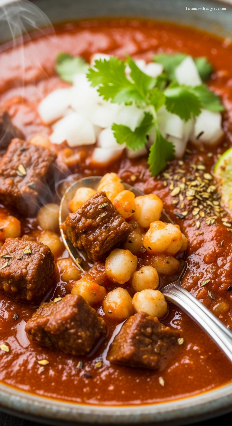 Hominy Chili con Carne with Tender Beef and Mild Chiles – Closeup