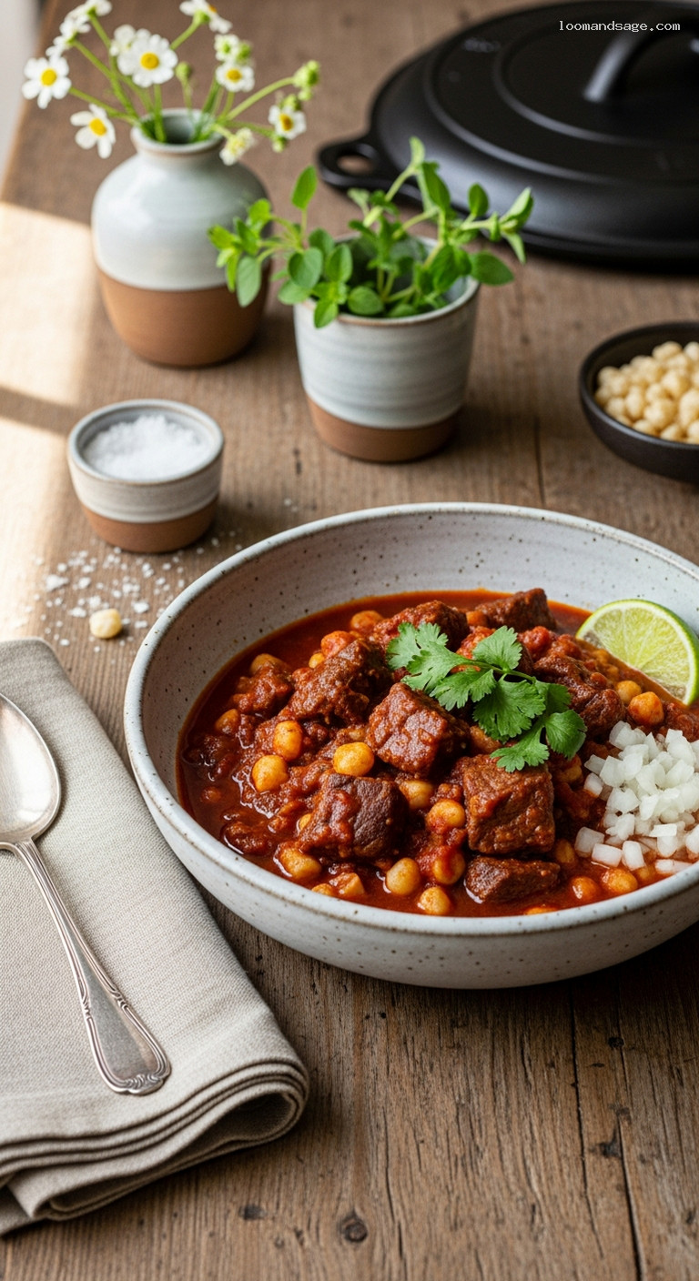 Hominy Chili con Carne with Tender Beef and Mild Chiles