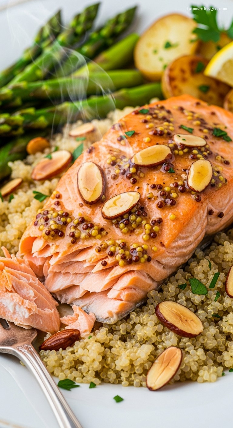 Honey Mustard Baked Salmon With Asparagus and Potatoes – Closeup