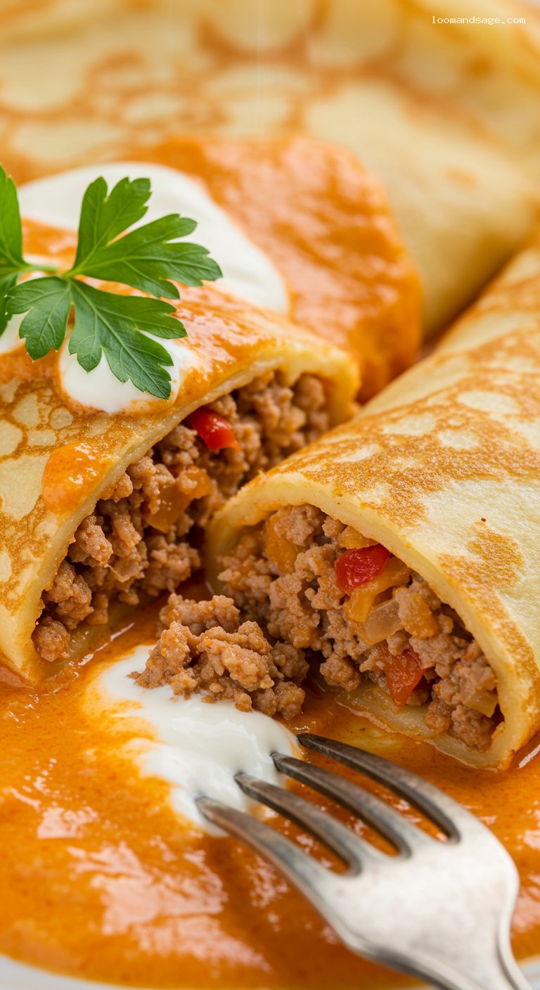 Hortobágyi Savory Crepes with Paprika Veal and Sour Cream Sauce – Closeup