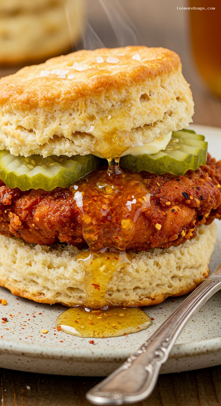 Hot Honey Chicken Biscuit Sandwich with Spicy Honey Butter – Closeup