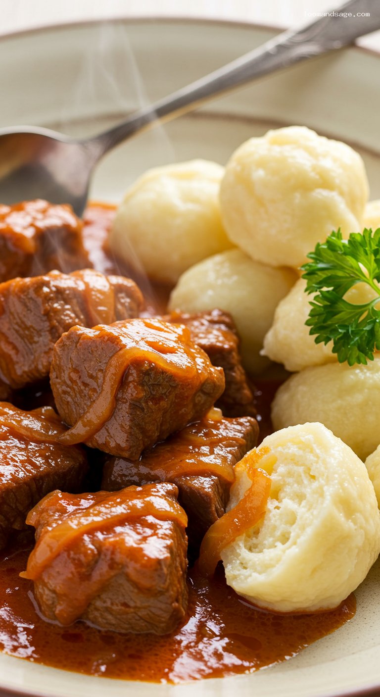 Hungarian Beef Pörkölt with Paprika and Onions – Closeup