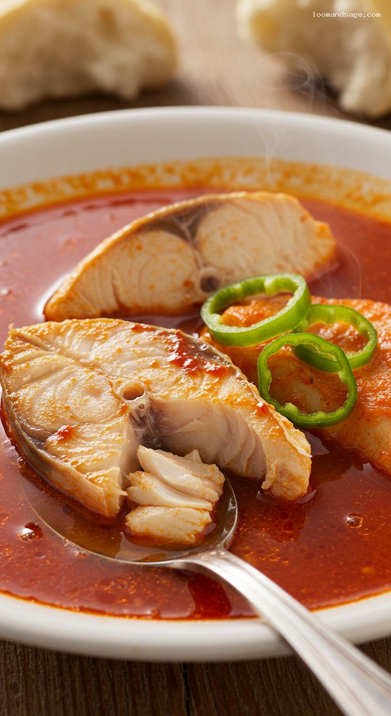 Hungarian Fisherman’s Soup (Halászlé) with Carp and Paprika – Closeup