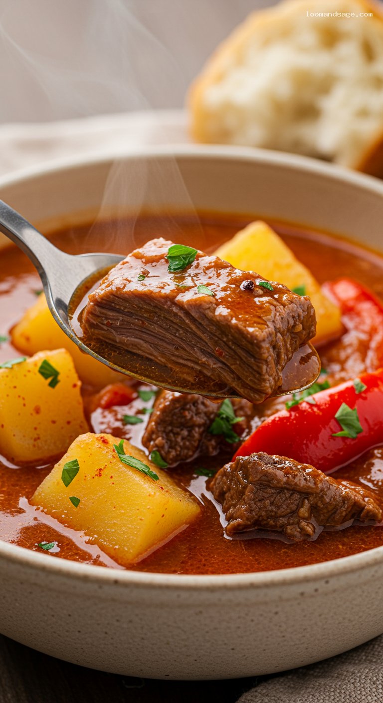 Hungarian Goulash Soup with Beef and Paprika – Closeup