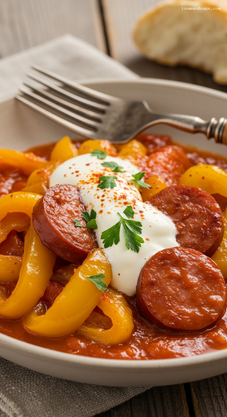 Hungarian Lecsó with Smoky Kolbász Sausage – Closeup