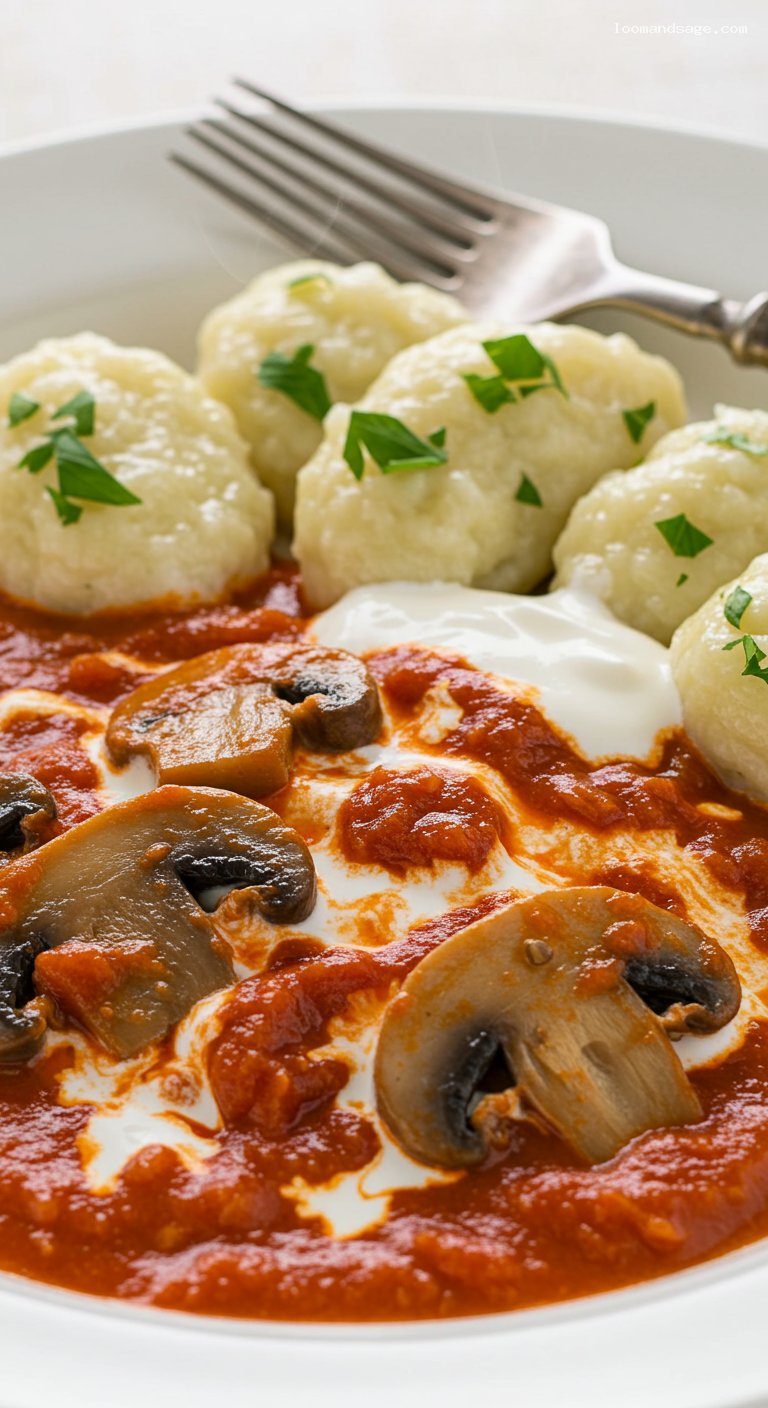 Hungarian Mushroom Paprikash with Nokedli or Rice – Closeup