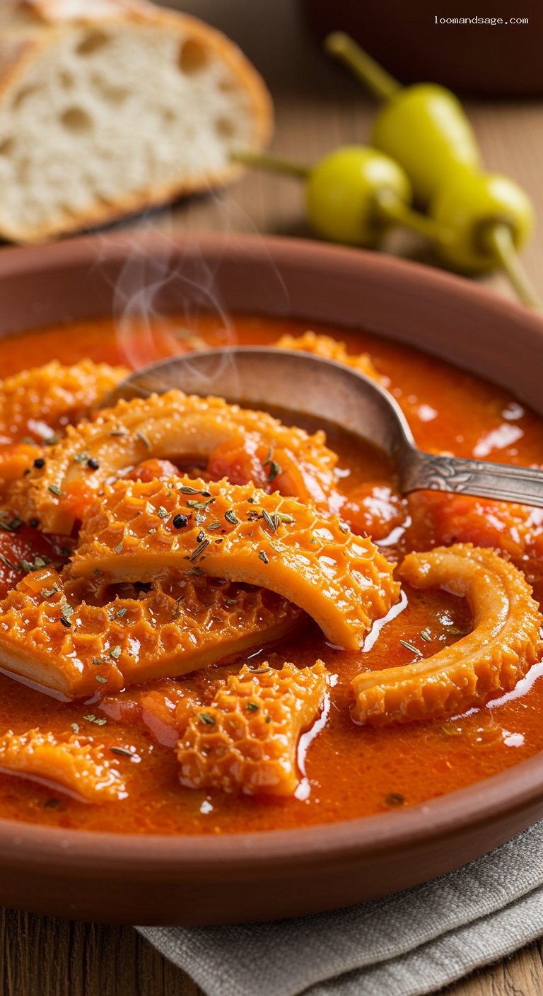 Hungarian Pacalpörkölt Tripe Stew with Paprika – Closeup
