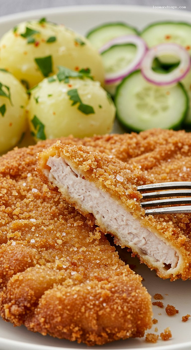 Hungarian Rántott Hús with Parsley Potatoes and Cucumber Salad – Closeup
