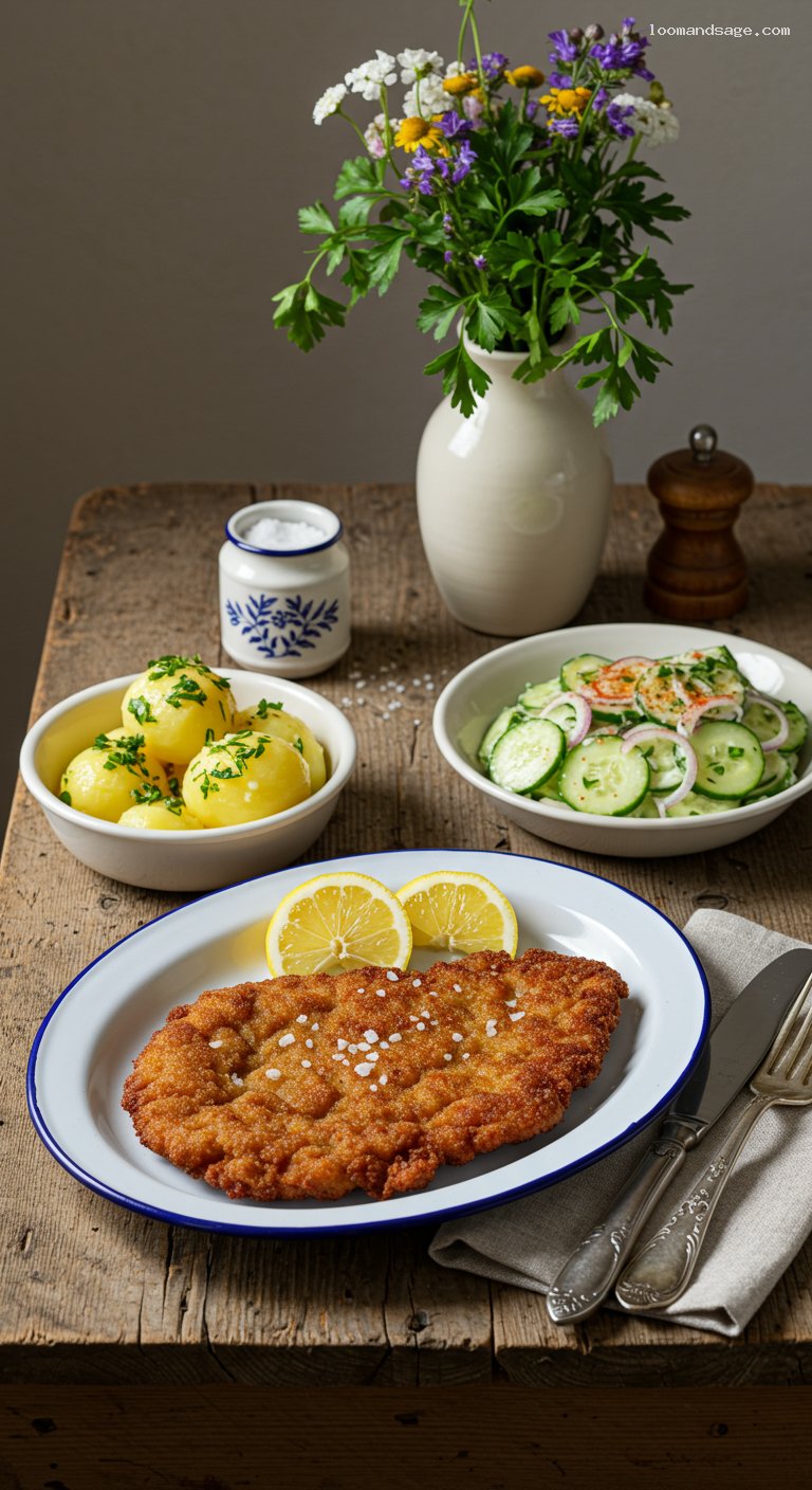 Hungarian Rántott Hús with Parsley Potatoes and Cucumber Salad
