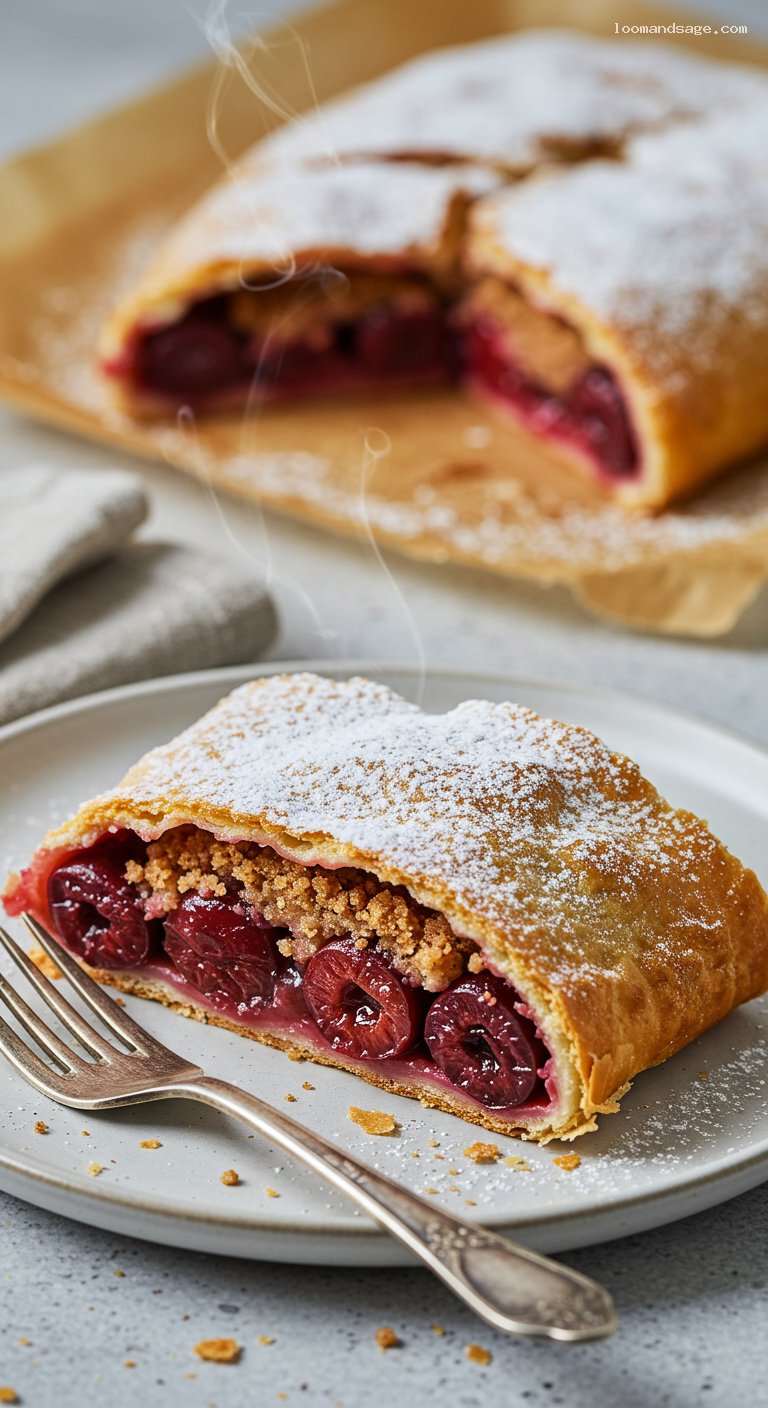 Hungarian Sour Cherry Strudel (Meggyes Rétes) – Closeup
