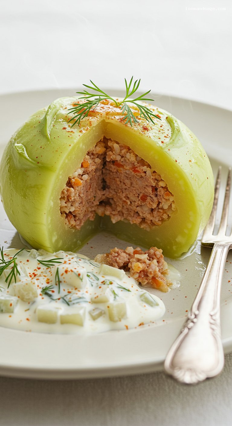 Hungarian Stuffed Kohlrabi with Dill Sour Cream Sauce – Closeup