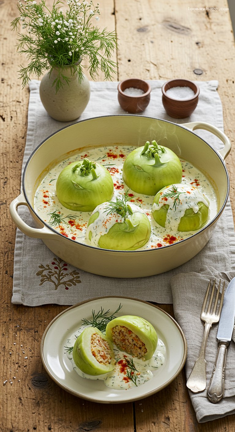 Hungarian Stuffed Kohlrabi with Dill Sour Cream Sauce