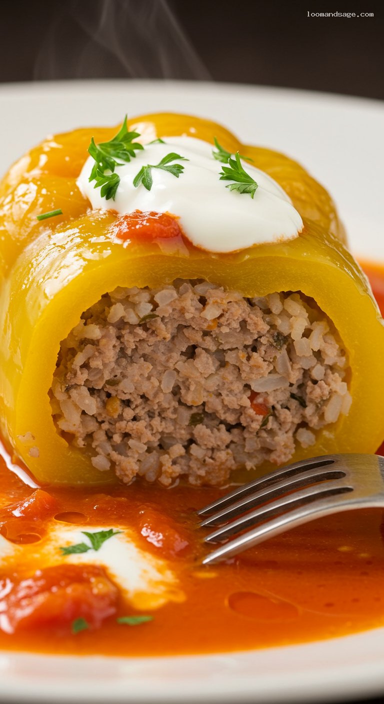 Hungarian Stuffed Peppers in Sweet Tomato Broth – Closeup