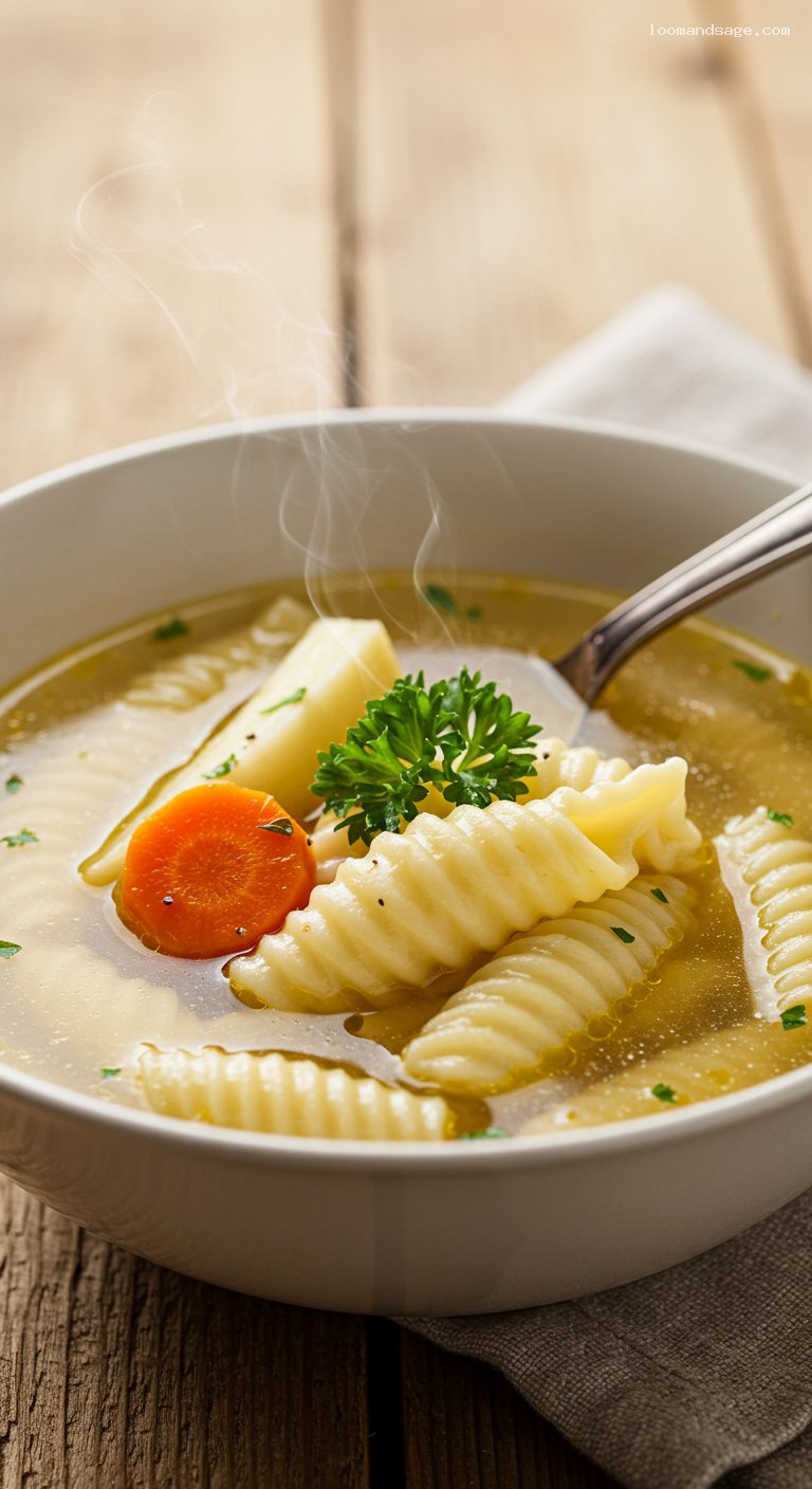 Hungarian Sunday Broth with Csigatészta Noodles – Closeup