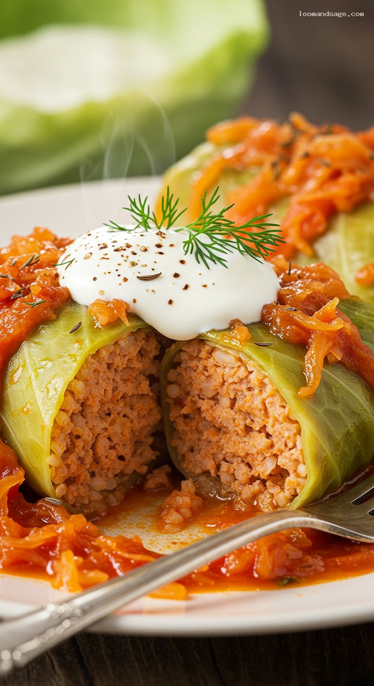 Hungarian Töltött Káposzta: Stuffed Cabbage in Tomato Sauerkraut – Closeup