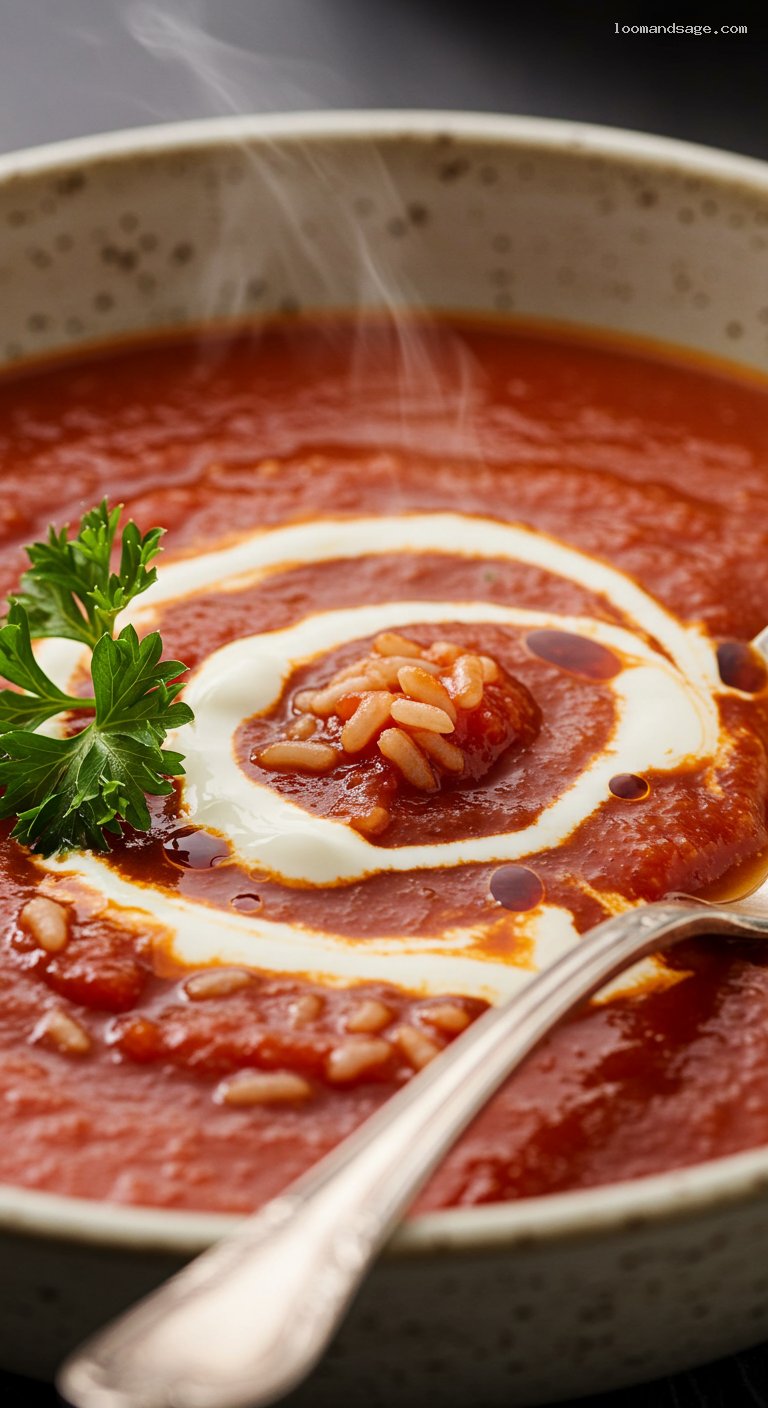 Hungarian Tomato Rice Soup with Sour Cream – Closeup
