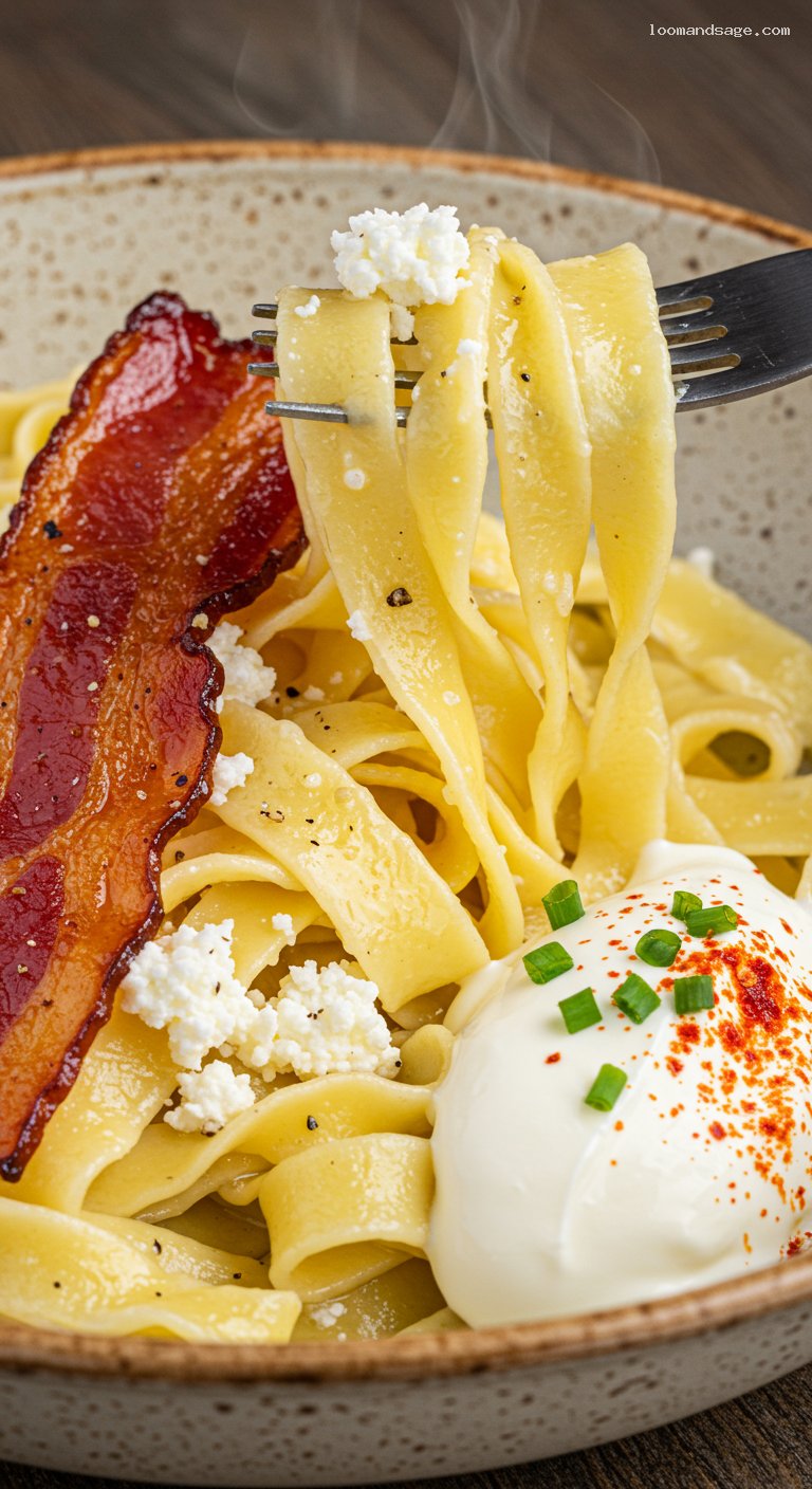 Hungarian Túrós Csusza with Smoked Bacon and Sour Cream – Closeup