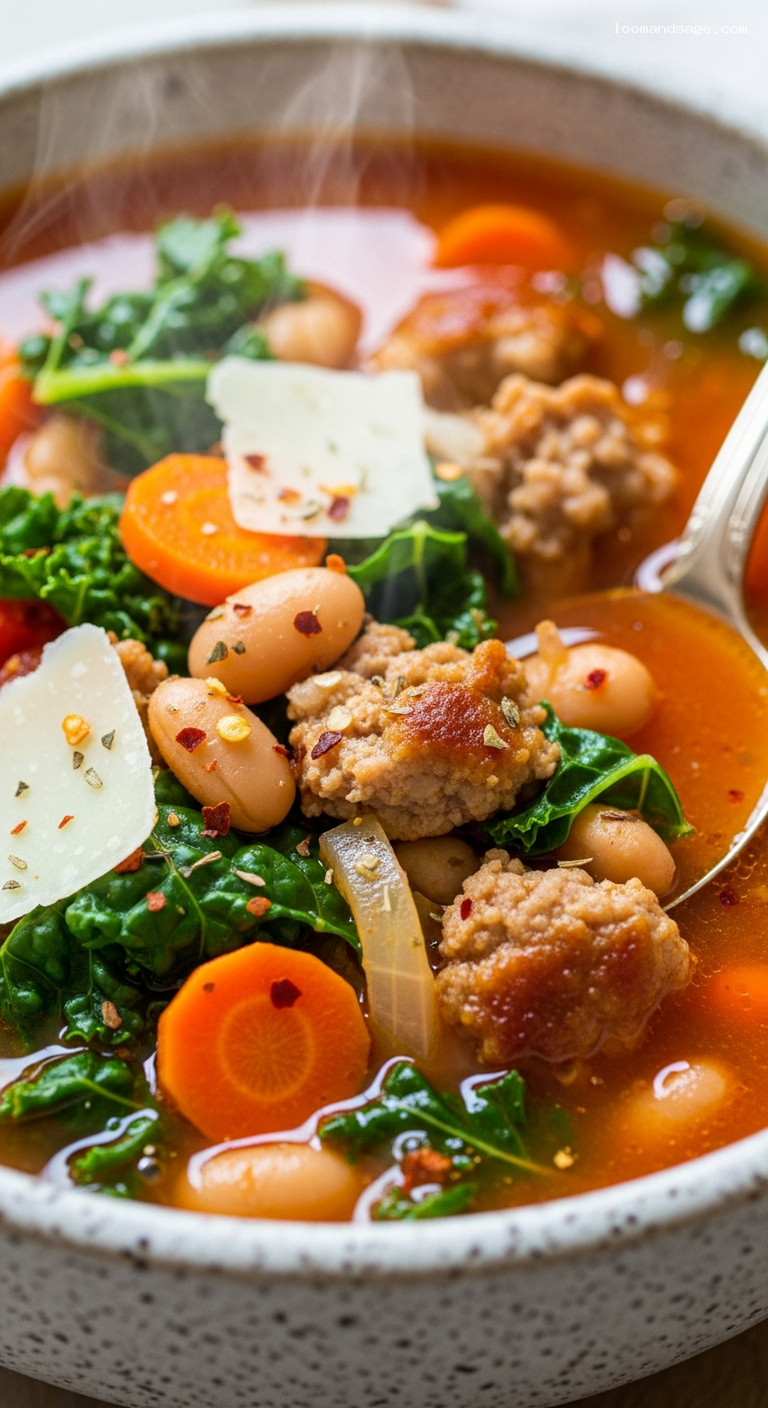 Italian Turkey Sausage and Kale Soup with White Beans – Closeup