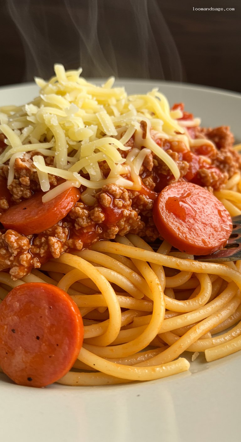 Jollibee-Style Sweet Spaghetti with Hot Dogs – Closeup