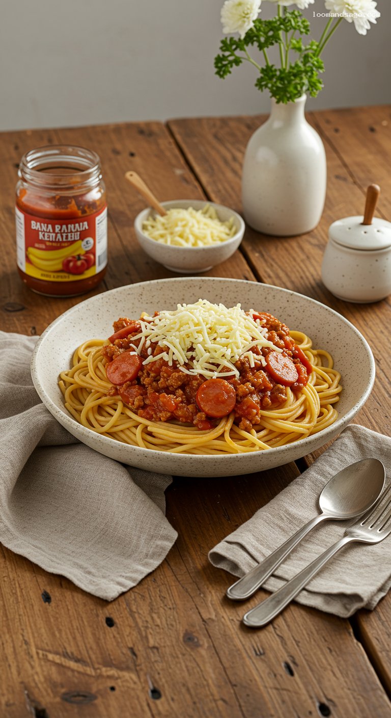 Jollibee-Style Sweet Spaghetti with Hot Dogs