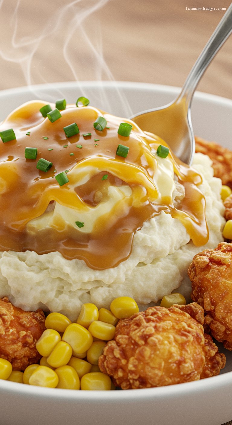 KFC Famous Bowl Copycat with Chicken, Corn, and Gravy – Closeup
