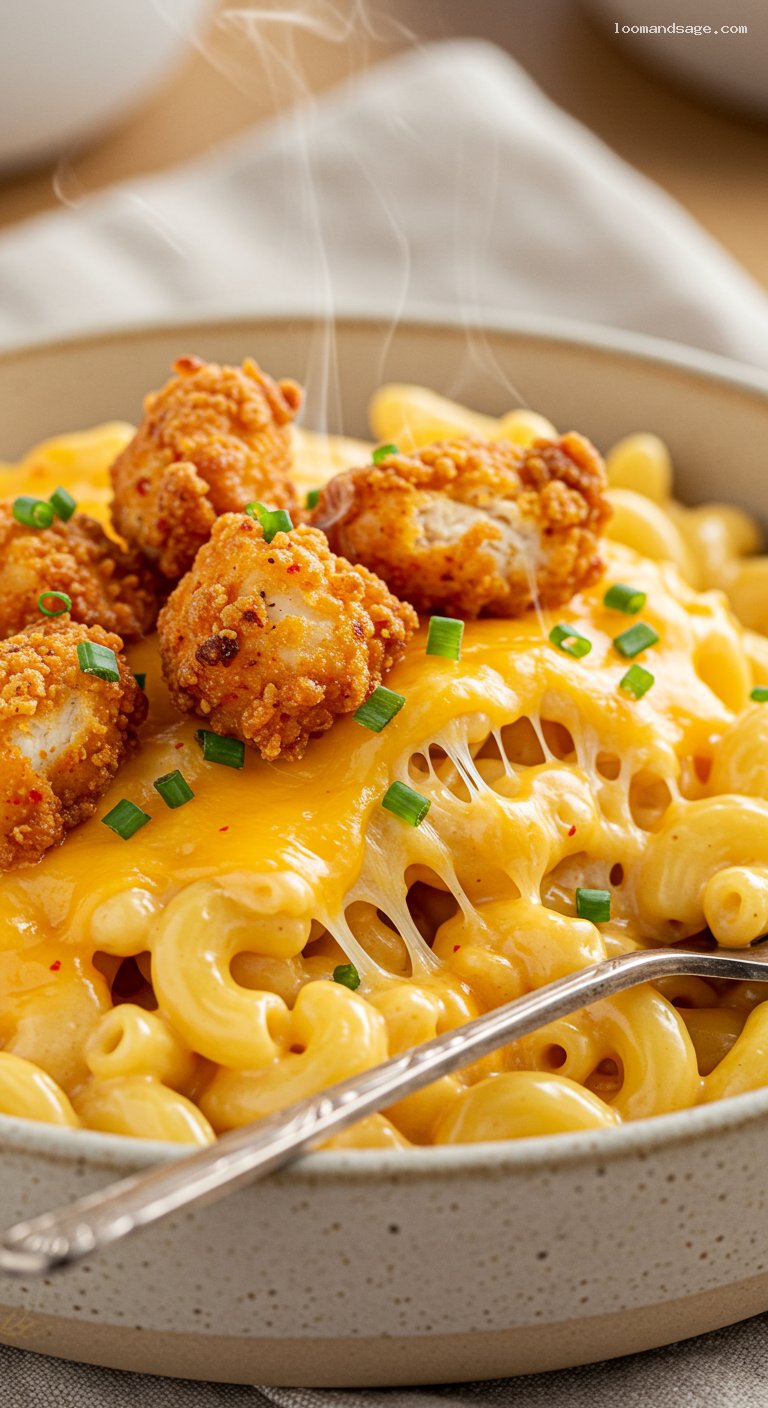KFC Mac and Cheese Bowl Copycat with Popcorn Chicken – Closeup