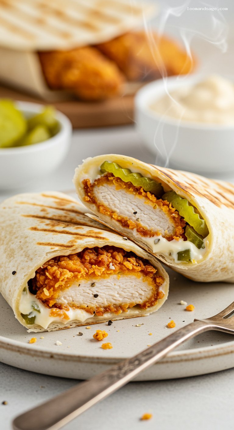 KFC-Style Classic Chicken Wrap with Pickles and Mayo – Closeup