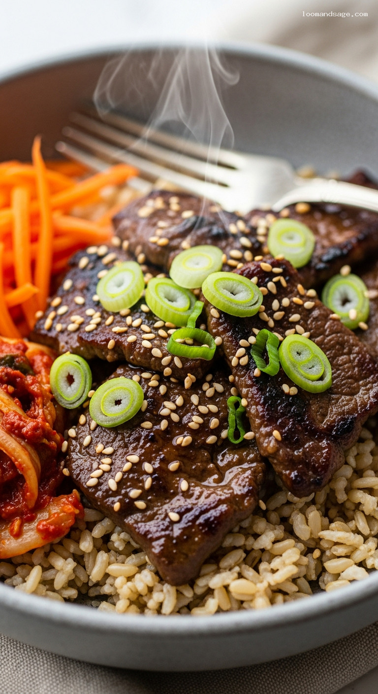 Korean Bulgogi Beef Bowls with Brown Rice and Kimchi – Closeup