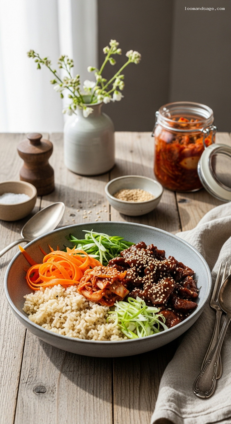 Korean Bulgogi Beef Bowls with Brown Rice and Kimchi