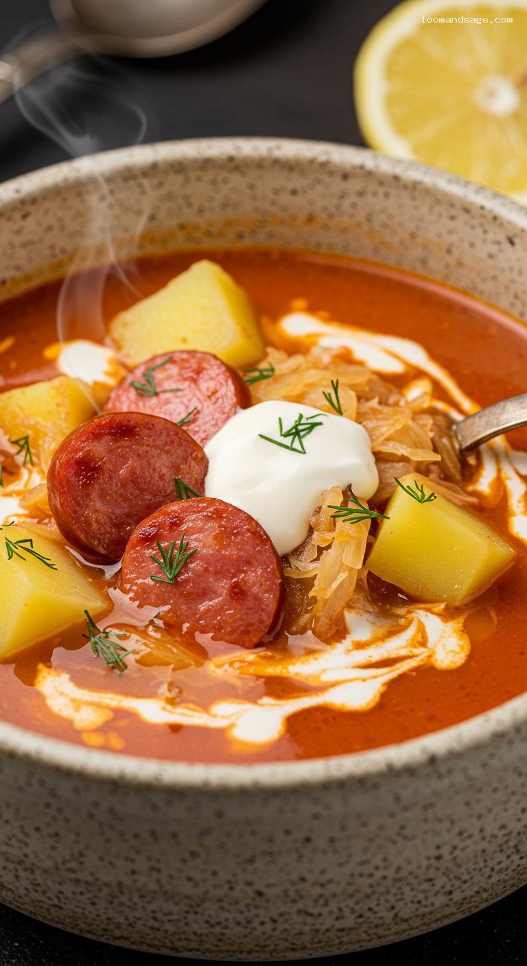 Korhelyleves: Tangy Sauerkraut and Smoked Sausage Soup – Closeup