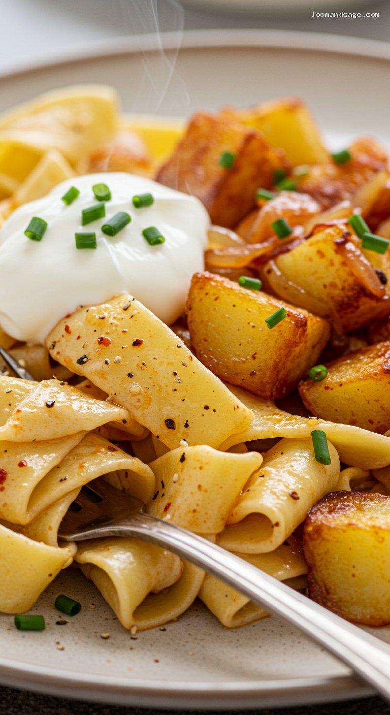 Krumplis Tészta: Paprika Potatoes with Egg Noodles – Closeup