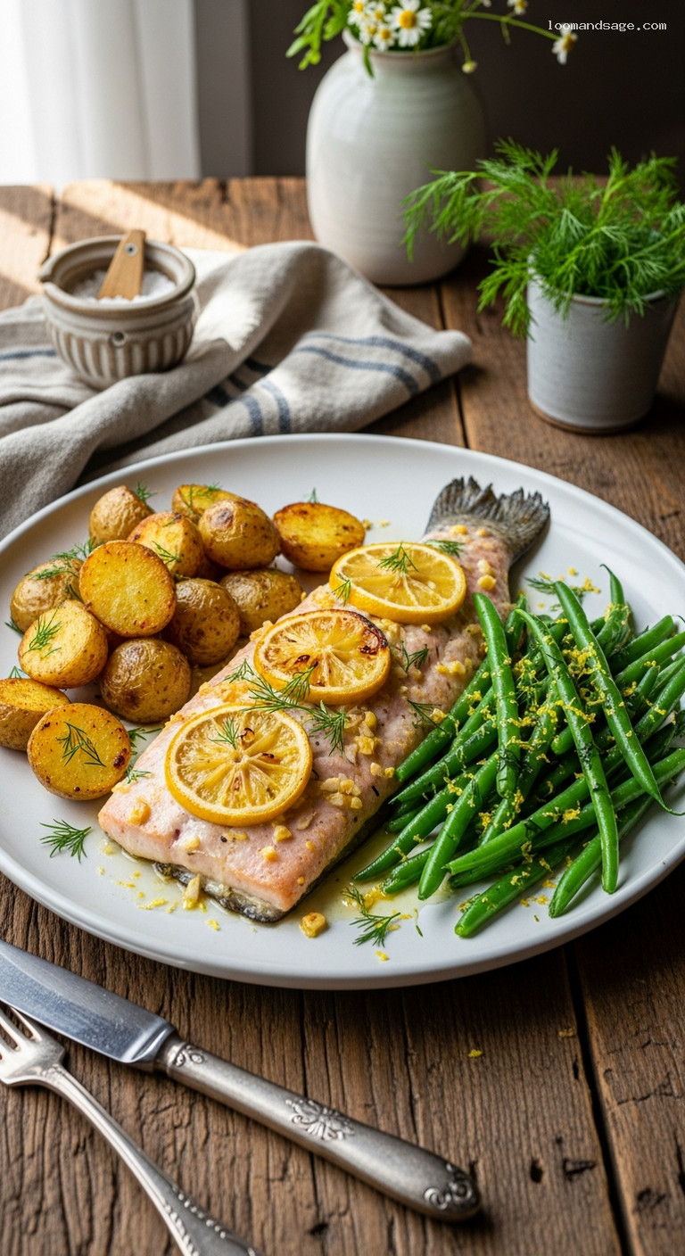 Lemon-Dill Baked Trout with Roasted Potatoes and Green Beans