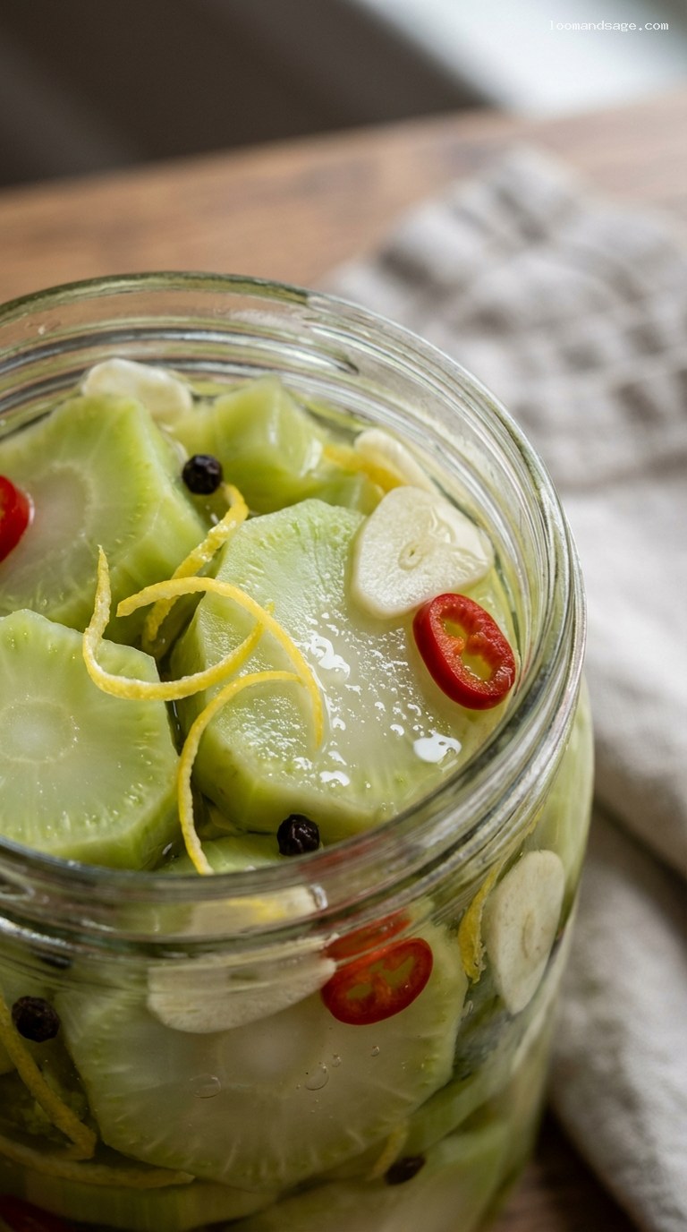 Lemony Pickled Broccoli Stems With Garlic and Chili – Closeup