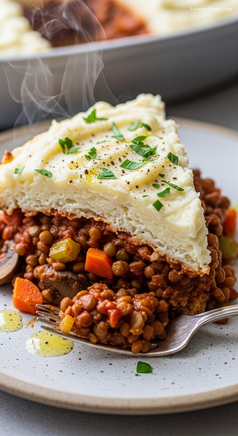 Lentil Shepherd’s Pie with Cauliflower Mash – Closeup