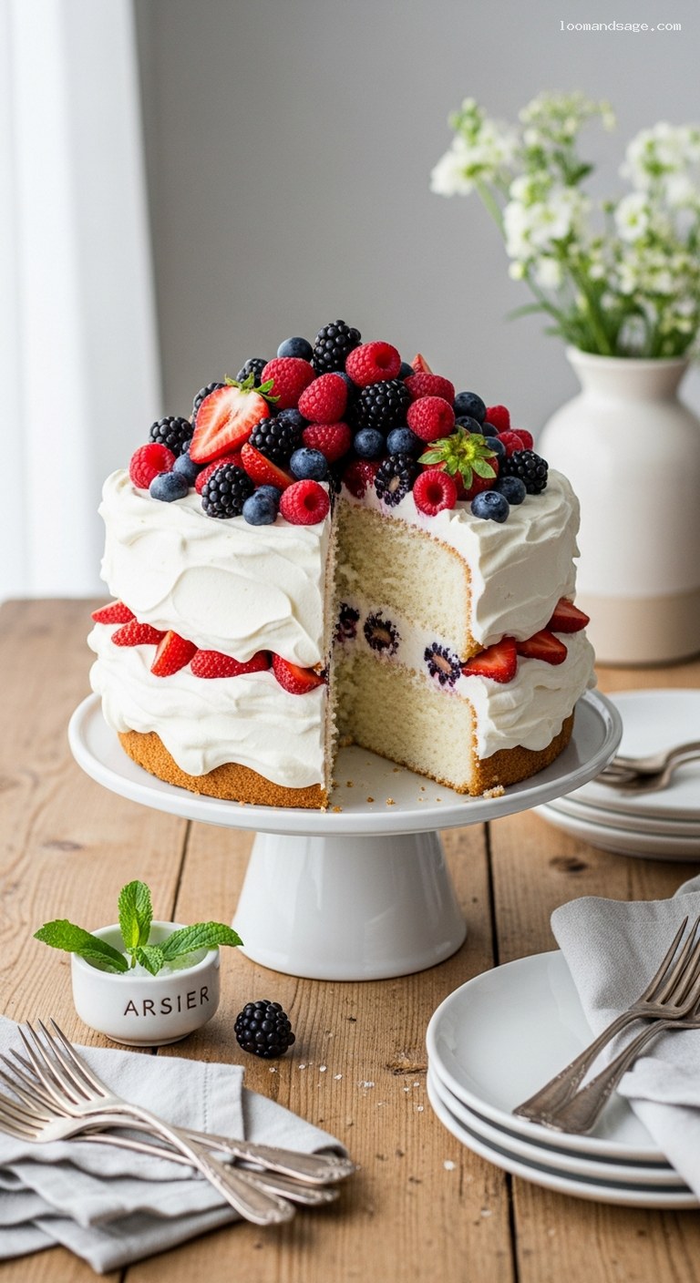 Light Angel Food Cake with Whipped Cream and Berries