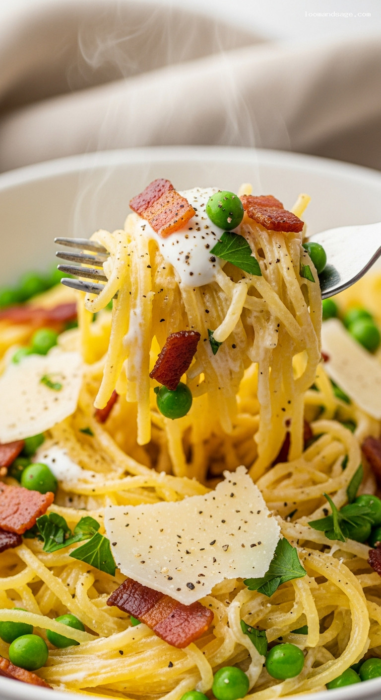 Light Spaghetti Squash Carbonara with Turkey Bacon and Peas – Closeup