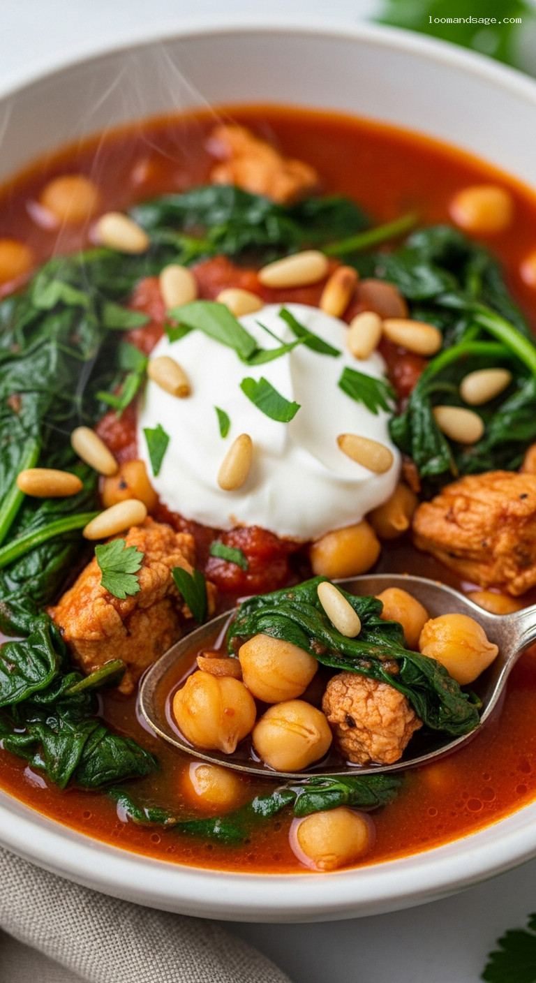 Light Turkey Chili with Spinach, Chickpeas, and Pine Nuts – Closeup