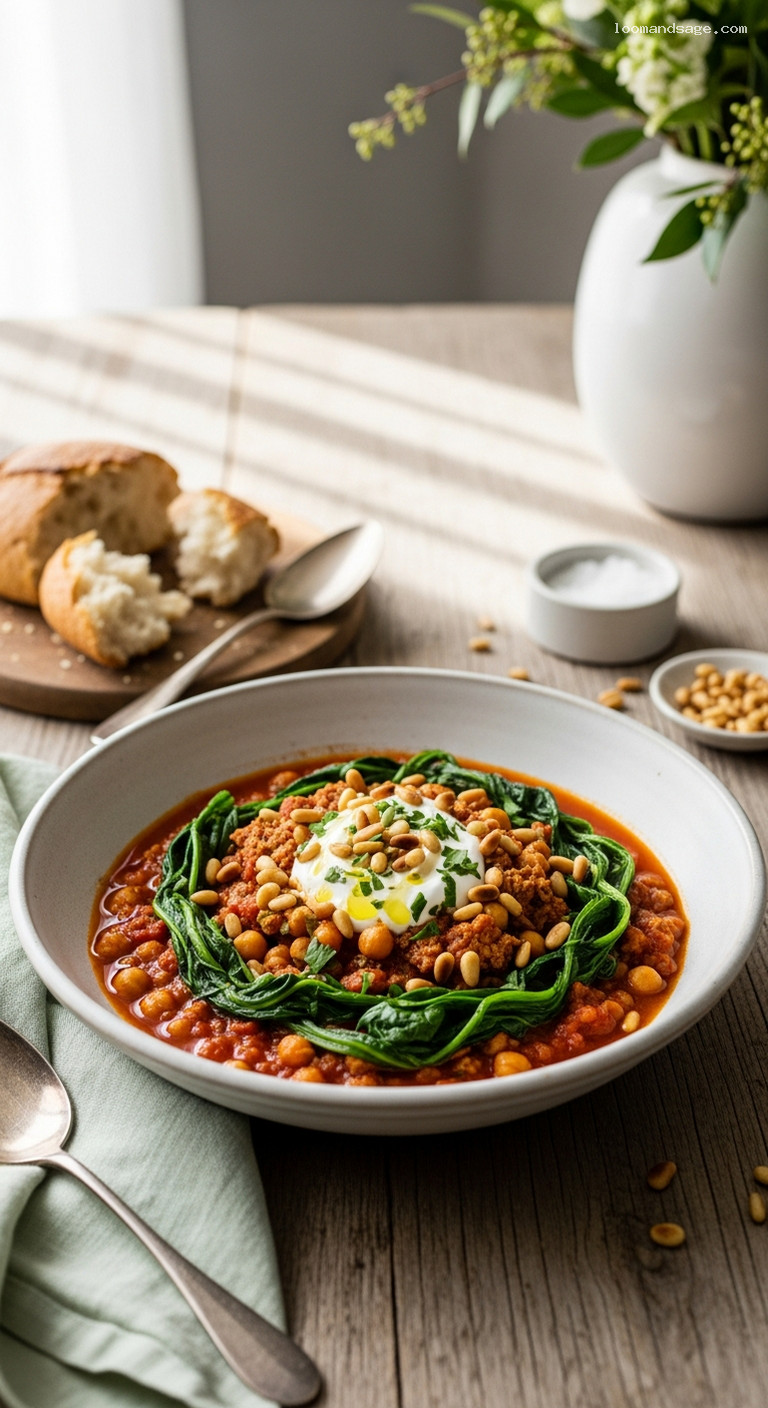 Light Turkey Chili with Spinach, Chickpeas, and Pine Nuts