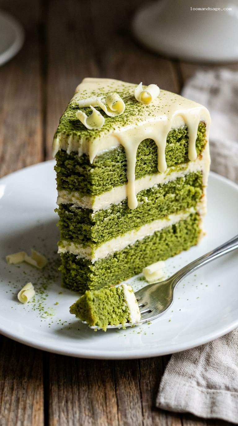 Matcha White Chocolate Layer Cake With Ganache – Closeup