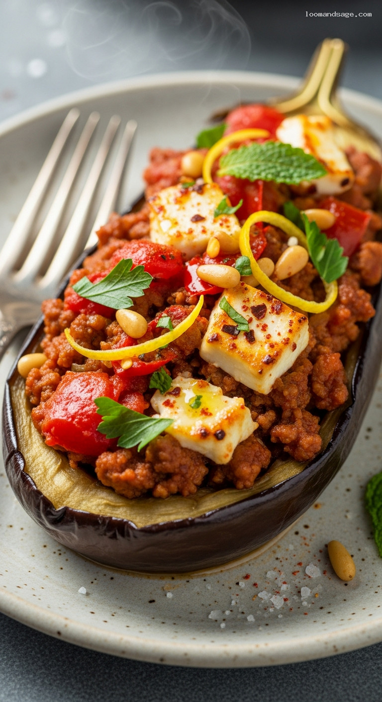 Mediterranean Baked Eggplant Boats with Lamb and Feta – Closeup
