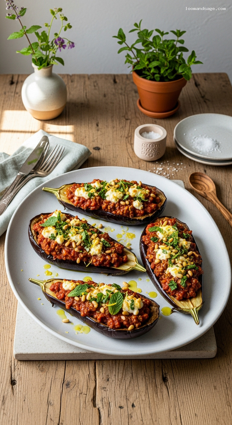 Mediterranean Baked Eggplant Boats with Lamb and Feta