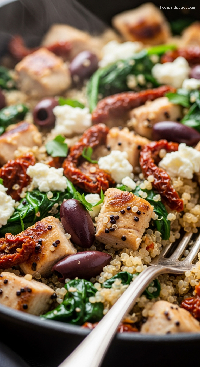 Mediterranean Chicken and Quinoa Skillet with Feta – Closeup