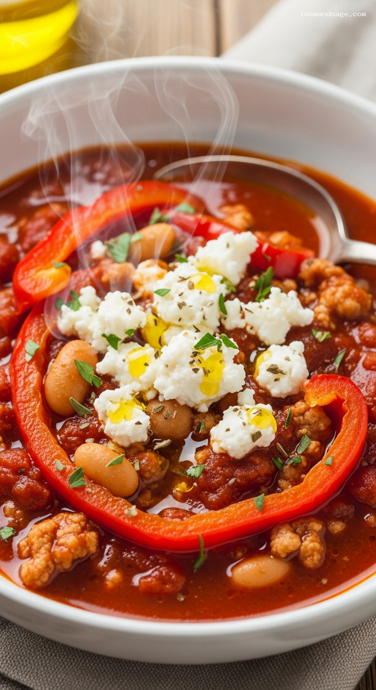 Mediterranean Chicken Chili with Roasted Red Peppers and Feta – Closeup
