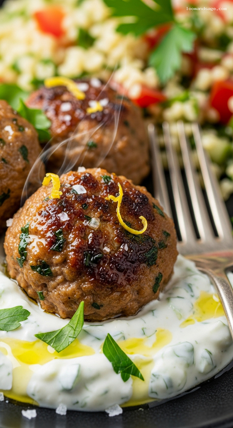 Mediterranean Turkey Meatballs with Cucumber Yogurt Sauce – Closeup