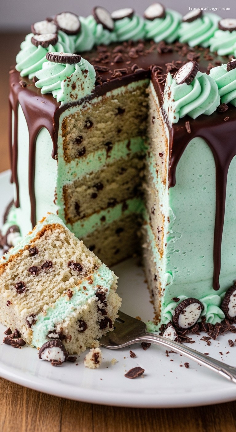 Mint Chocolate Chip Layer Cake with Ganache Drizzle – Closeup