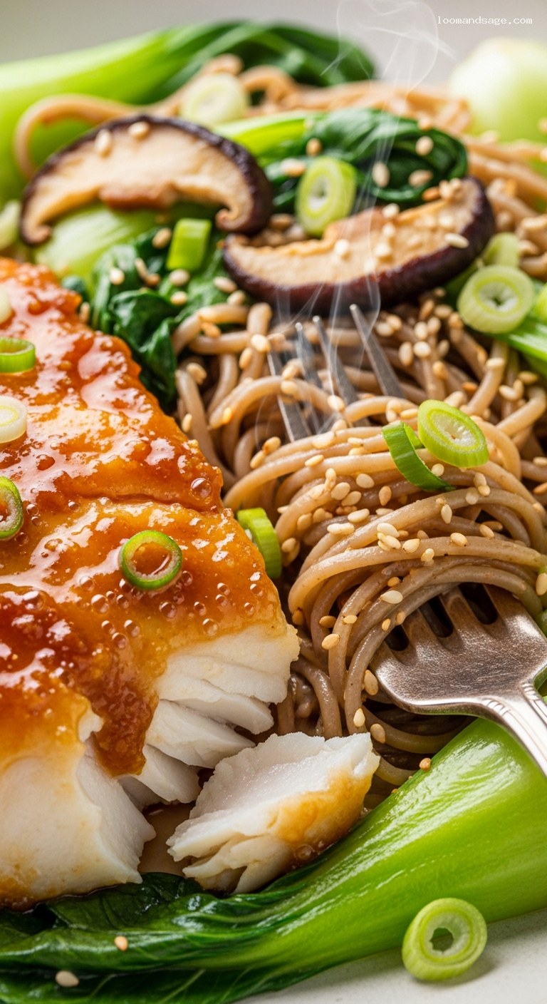 Miso-Glazed Cod with Warm Soba Salad – Closeup