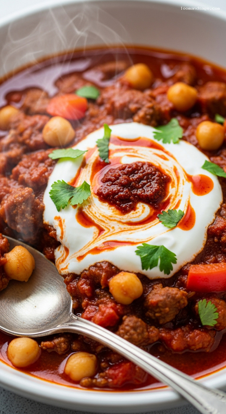 Moroccan-Spiced Chili with Ground Lamb, Chickpeas, and Harissa – Closeup