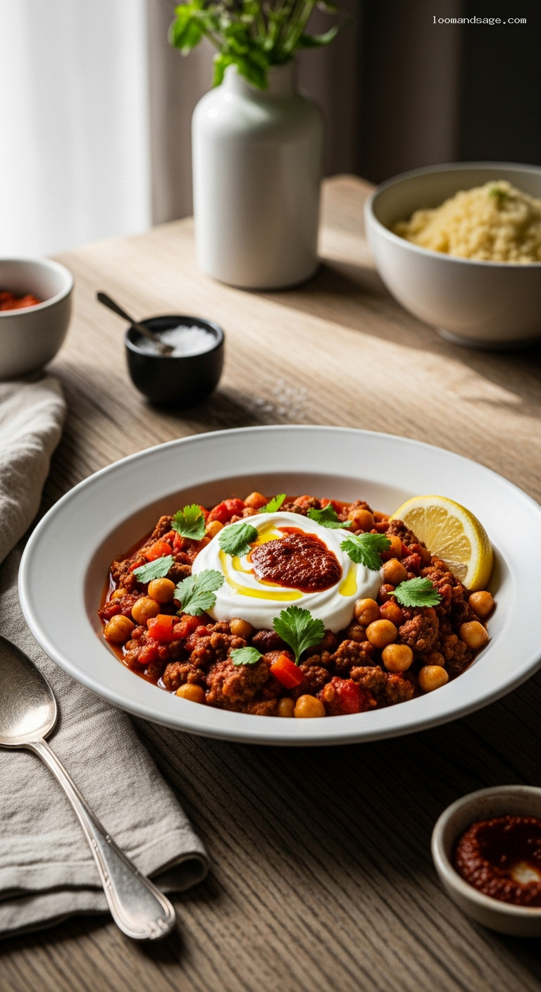 Moroccan-Spiced Chili with Ground Lamb, Chickpeas, and Harissa
