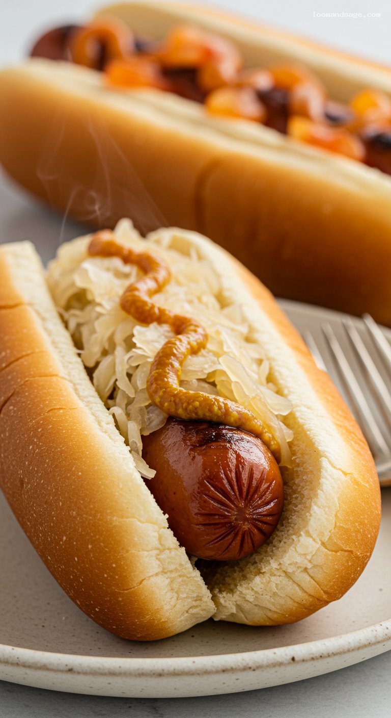 Nathan’s-Style Griddled Beef Franks with Mustard and Sauerkraut – Closeup
